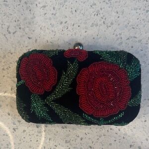 Floral Black and Red Beaded Clutch
